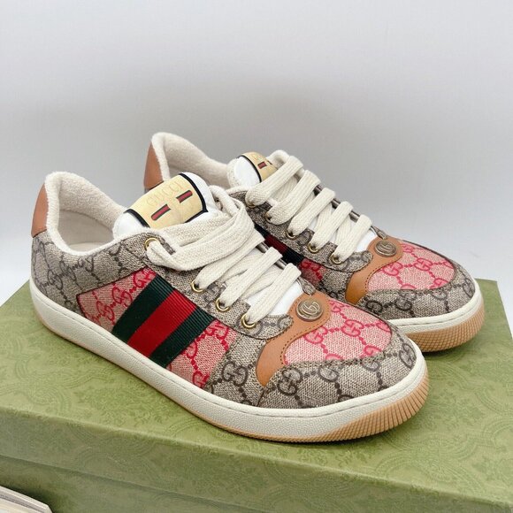 Gucci Screener GG Logo Women’s Sneakers Tan Pink Monogram Lace Up EU 39 US 9 - Picture 1 of 13